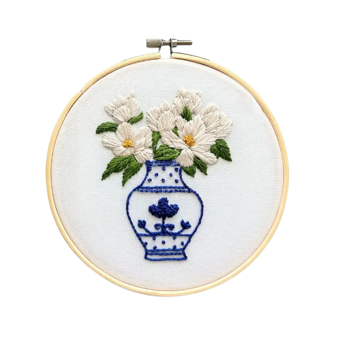 Hand Embroidery Kit - Ivory Magnolias in Ginger Jar