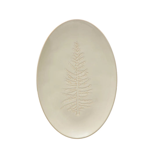 Oval Stoneware Platter w/ Tree Design